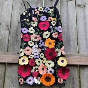 Floral Embroidered Mesh Mini Dress – Black w/ Colorful Flowers, Size L